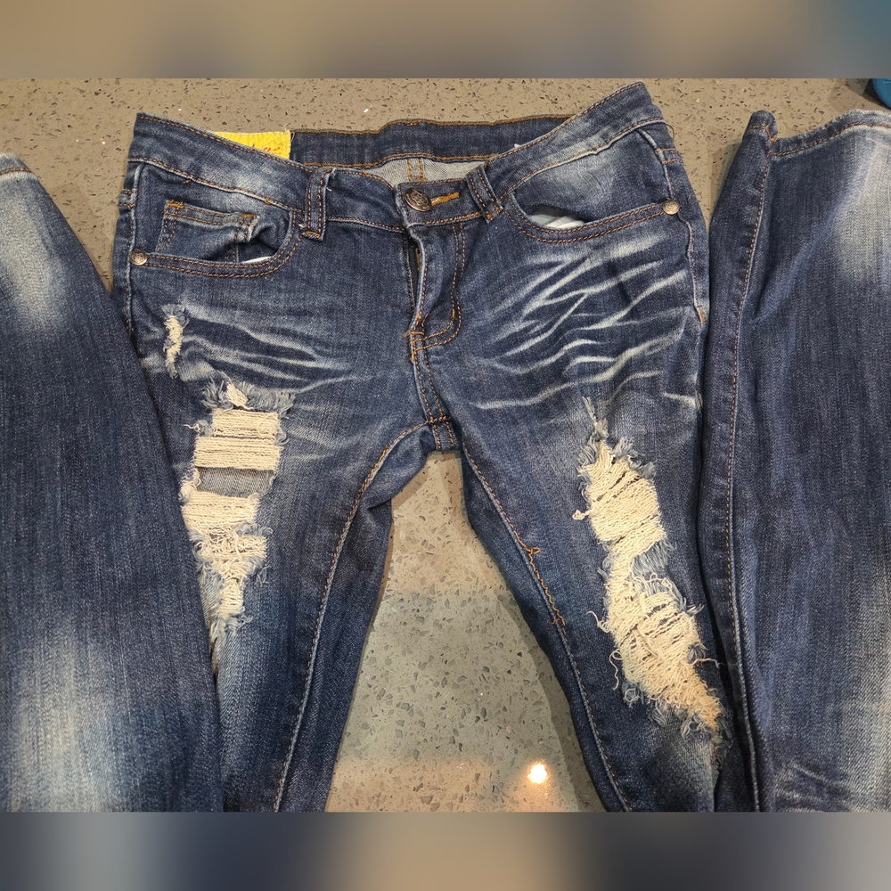 Machine Distressed Blue Jeans - Picture 2 of 6
